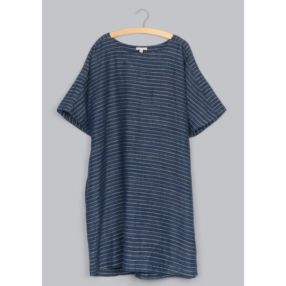 Eileen Fisher Shift Dress Womens M Blue Organic Linen Delave Pinstripe Pockets